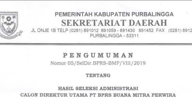 PENGUMUMAN!!! HASIL SELEKSI ADMINISTRASI CALON DIREKTUR UTAMA PT BPRS BUANA MITRA PERWIRA
